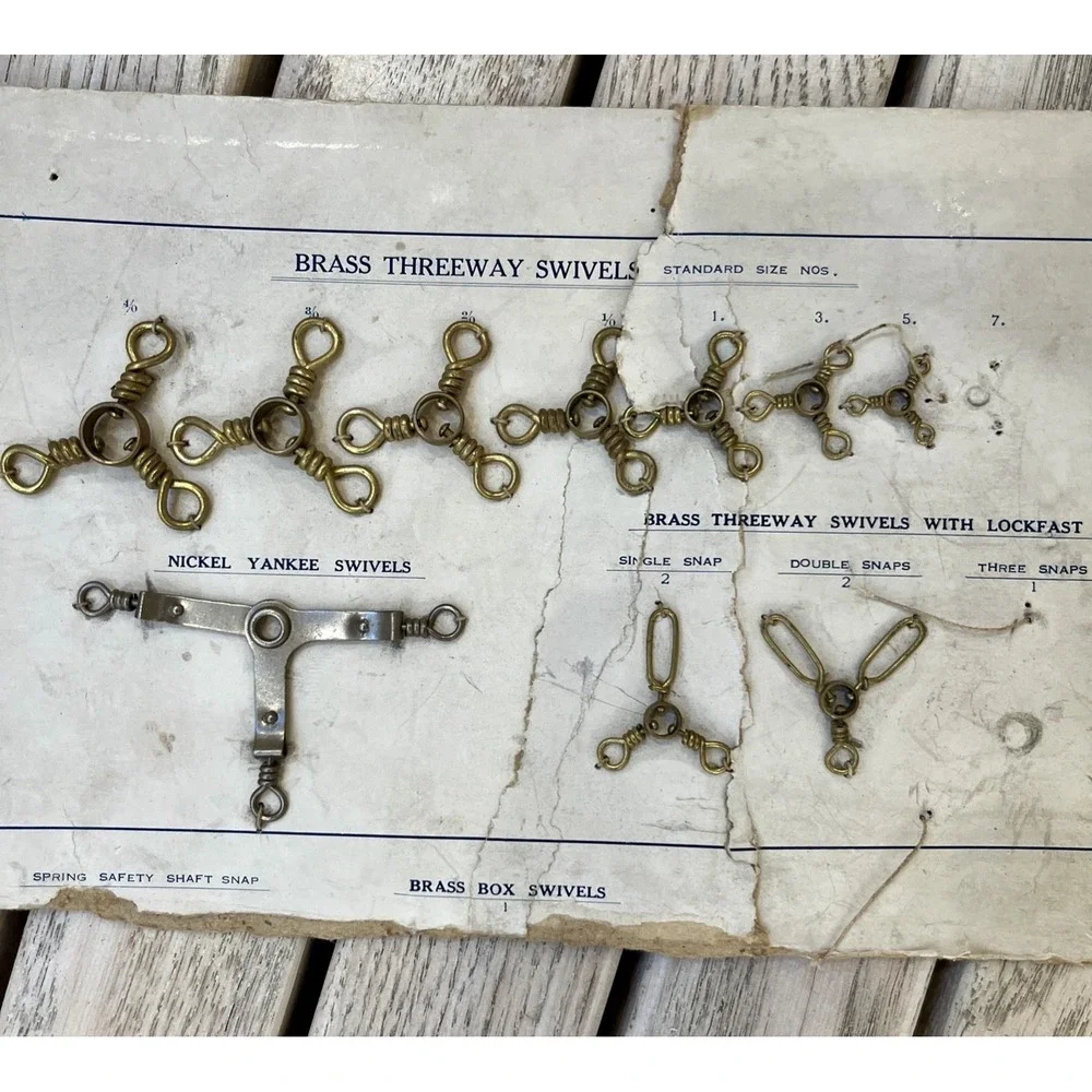 Vtg Fishing Tackle Store Rack Card Brass Threeway Nickel Yankee Swivels AS IS